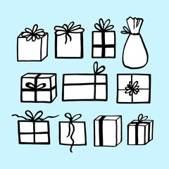 Winter holiday cartoon present. Christmas set isolated on white background. Merry Christmas and New year doodle vector illustration. Template design for invitation, poster, card.