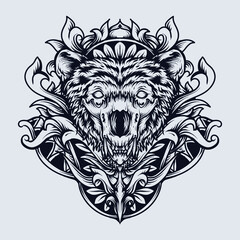 tattoo and t-shirt design black and white hand drawn bear skull engraving ornament