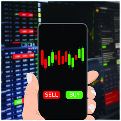 Hands holding a smartphone showing buy and sell over the stock market chart, blurry stock market exchange data on LED display, business trading concept
