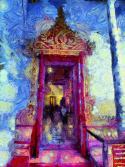 Ancient thai architecture arch Illustrations creates an impressionist style of painting.