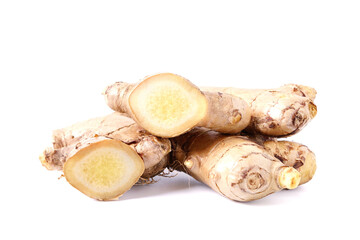 Fresh ginger with slice ginger on white background, herb medical concept