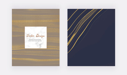 Brown and blue with gold glitter liquid ink cards
