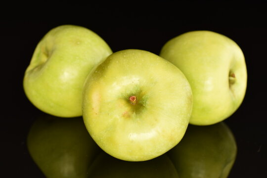 Three organic green apples by Renet Simirenko, close-up, isolated on black.