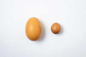Chicken eggs on a white background. A small egg next to a large egg. Different sizes