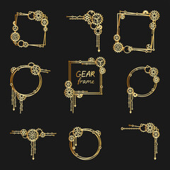 Set of golden frames, corners and borders with gears, cogwheels and chains on a black background. Mechanism. Steampunk. Decorative elements for a stylish holiday greeting card, banner, poster, signage