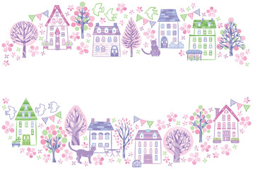 春の桜　街並み　家　横フレーム