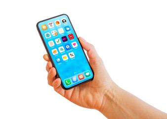 Person holding phone in hand, home screen mockup with app icons