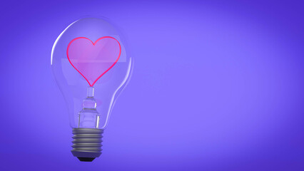 Light bulb with a red heart on a purple background. Love concept. 3D rendering