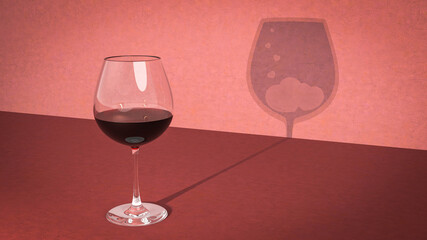 Glass of red wine and shadow with hearts on a red background. Love and food concept. 3D rendering