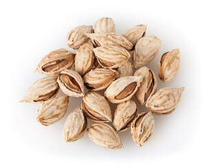 Heap of almond nuts isolated on white background