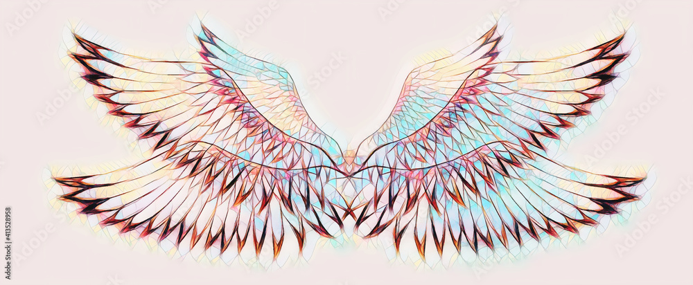 Poster bird feathers on white background. original drawing and computer effect.