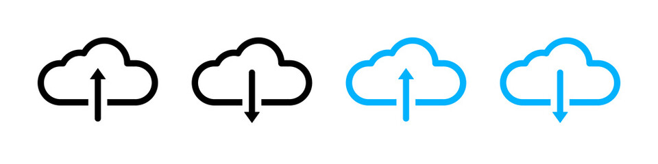 Set of download and upload icons. Cloud and arrow. Vector illustration.