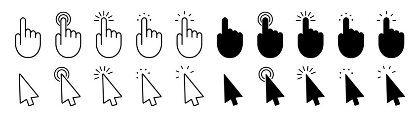 Set of pointer cursor сomputer mouse icons. Vector hand cursor. Hand and arrow touch icon, click.