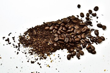 fresh coffee roasted grind ready brewing on white background