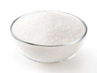 Granulated sugar in glass bowl isolated on white background with clipping path