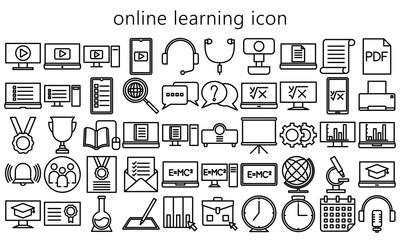 bundle of education online, Simple black bold outline icons set related to online learning. Symbols such as source programs, media equipment, e-book are included. EPS 10 ready convert to SVG
