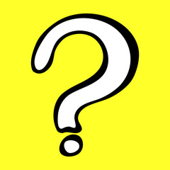 Hand-drawn question mark, black and white illustration on yellow background. Visualization of a problem, question, choice