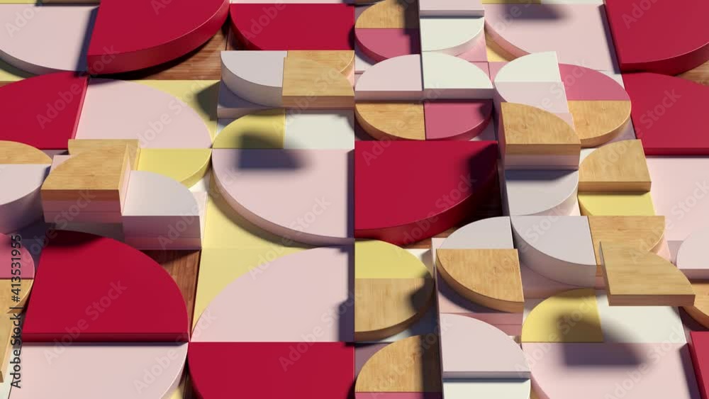Poster 3d colorful abstract render of pattern based background with red, yellow and wooden elements. loop a