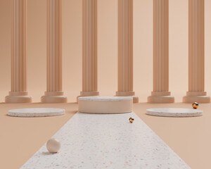 3d rendering empty cylinder podiums and row of Greek columns.