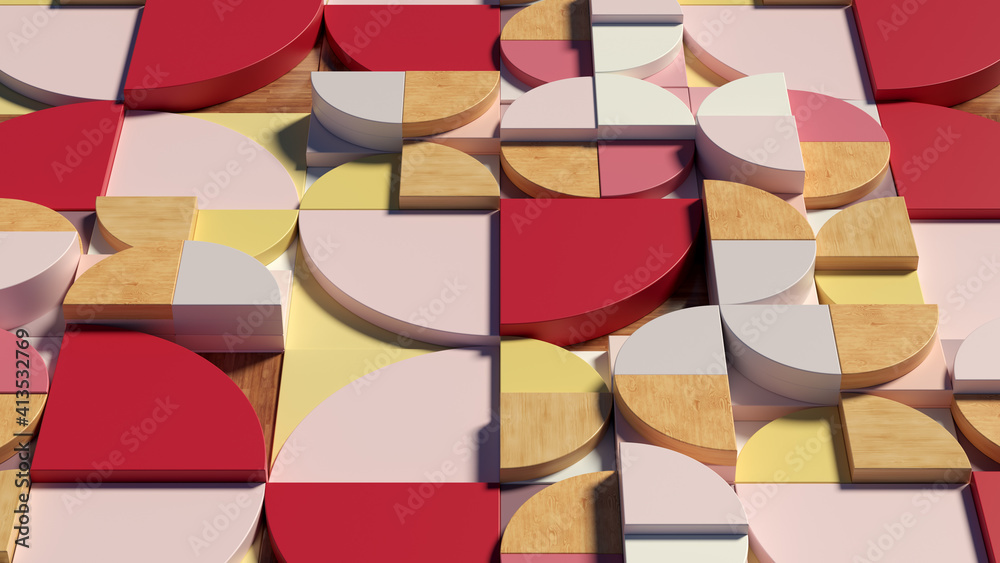 Poster ..3d colorful abstract render of pattern based background with red, yellow and wooden elements.