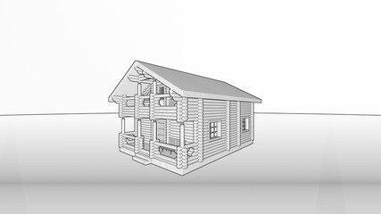 beautiful tiny log house on 2 floors with a balcony and terrace on an isolated background. Cottage, villa. Black-and-white image, pencil drawings for the advertising materials with the text on the rig