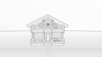 beautiful tiny log house on 2 floors with a balcony and terrace on an isolated background. Cottage, villa. Black-and-white image, pencil drawings for the advertising materials with the text on the rig