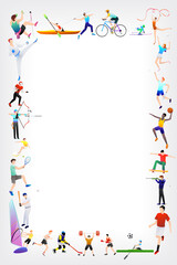Vector illustration of sports background design with sport players in different activities and space blank for text. 