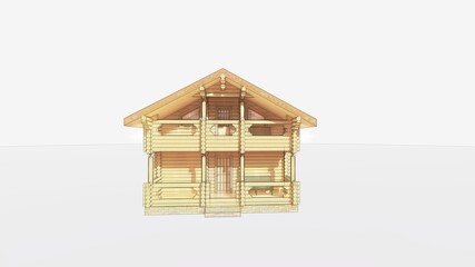 beautiful tiny log house on 2 floors with a balcony and terrace on an isolated background. Cottage, villa. An image drawn with watercolors for advertising materials