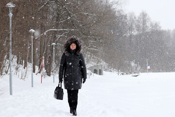 Fototapeta premium Blizzard in winter city, picturesque view. Lonely woman walking in park during snowfall on frozen lake background