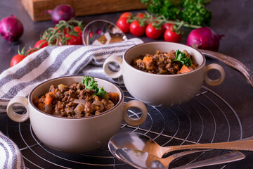spicy lentil dish with minced meat and vegetables