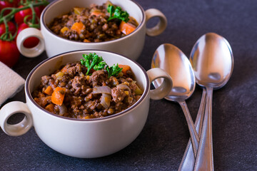 Lentil stew with vegetables and minced meat