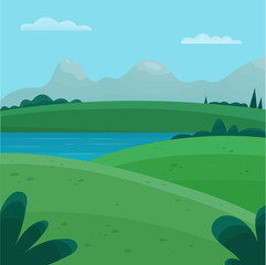 Summer landscape of mountains, fields and rivers. Vector illustration of nature.