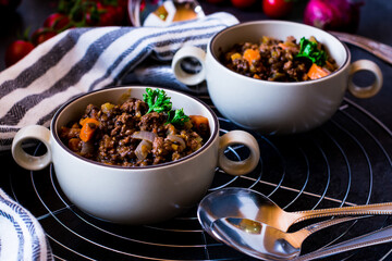 Moroccan stew with minced meat lentils and vegetables