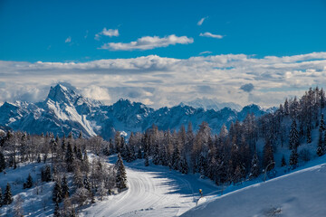 Ski mountaineering in the Mount Zoncolan ski area, Carnic Alps, Friuli-Venezia Giulia, Italy