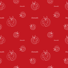 Tomato seamless pattern. Continuous one line silhouette of a vegetable. Vector red sketch background. Doodle wallpaper