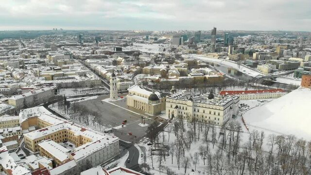 Beautiful sunny Vilnius city scene in winter. Aerial early morning view. Winter city scenery in Vilnius, Lithuania.