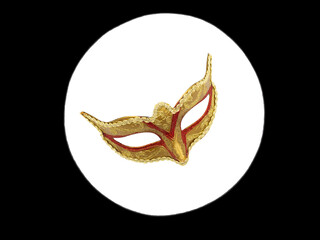 Traditional golden carnival Venetian mask with red ornament top view. Preparation for the Brazilian Festival and Mardi Gras.
