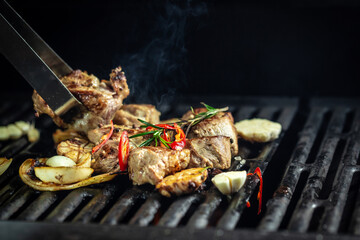pieces of beef steaks from grill. he concept cooking meat. Barbecue and cooking. American food concept. fast food meal. banner, menu, recipe, place for text