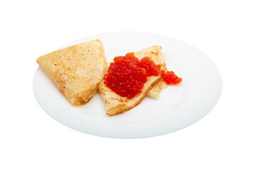 beautiful fried pancakes with red caviar on a white plate isolated on white background for your design or advertising