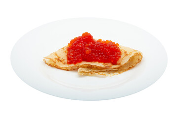 pancake and a lot of red caviar on a white plate isolated on white background for your design or advertising