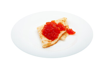 beautiful golden pancake with red caviar on a white plate isolated on a white background for your design or advertising