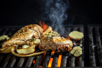Grilled chicken fillets chopped on a fork against a fire. grilled barbecue. Turkish cuisine concept. fast food meal. banner, menu, recipe, place for text