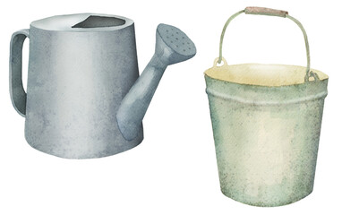 garden tools, watering can and bucket, watercolor