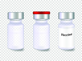 A set of three ampoules, vials, for liquid and soluble medicine, vaccine with a label template with the name of the medicine, on a transparent background. Layout for your design. Vector illustration.