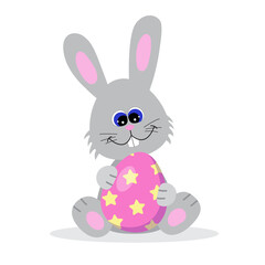 Smiling Easter bunny, cute vector illustration in flat style. Sitting grey baby rabbit with colorful egg in his hands. Positive cartoon print for kids and babies. Print for clothes, gift wrap