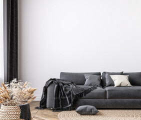 wall mockup in bright living room design, dark sofa in farmhouse interior style, 3d render