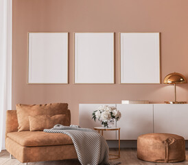 Elegant interior design, modern living room with frame mockup on orange color background, 3d render
