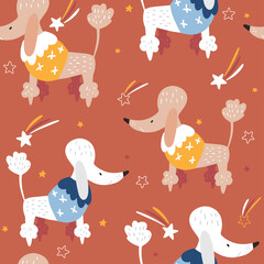 Seamless pattern with funny poodle. Creative kids hand drawn texture for fabric, wrapping, textile, wallpaper, apparel. Vector illustration