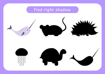 Worksheet find right shadow. Educational game for children. Trains attention and concentration.