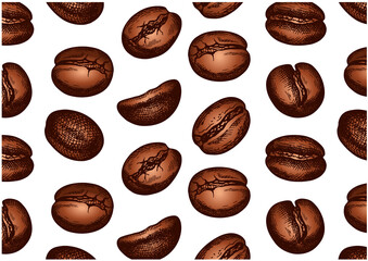 Sketch hand drawn pattern with brown realistic coffee beans isolated on white background. Line art, outline. Espresso, cappuccino, latte. Wallpaper for cafe, menu, bar, packaging. Vector illustration. - 413540731